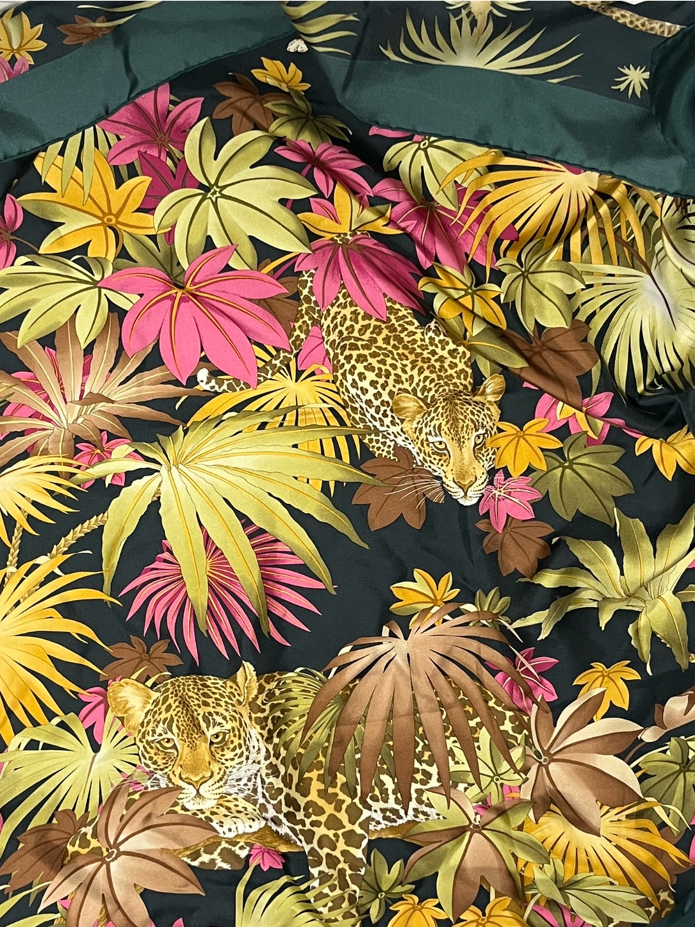 Salvatore Ferragamo Tropical Leaf Silk Scarf in Dark Green, Yellow & Pink